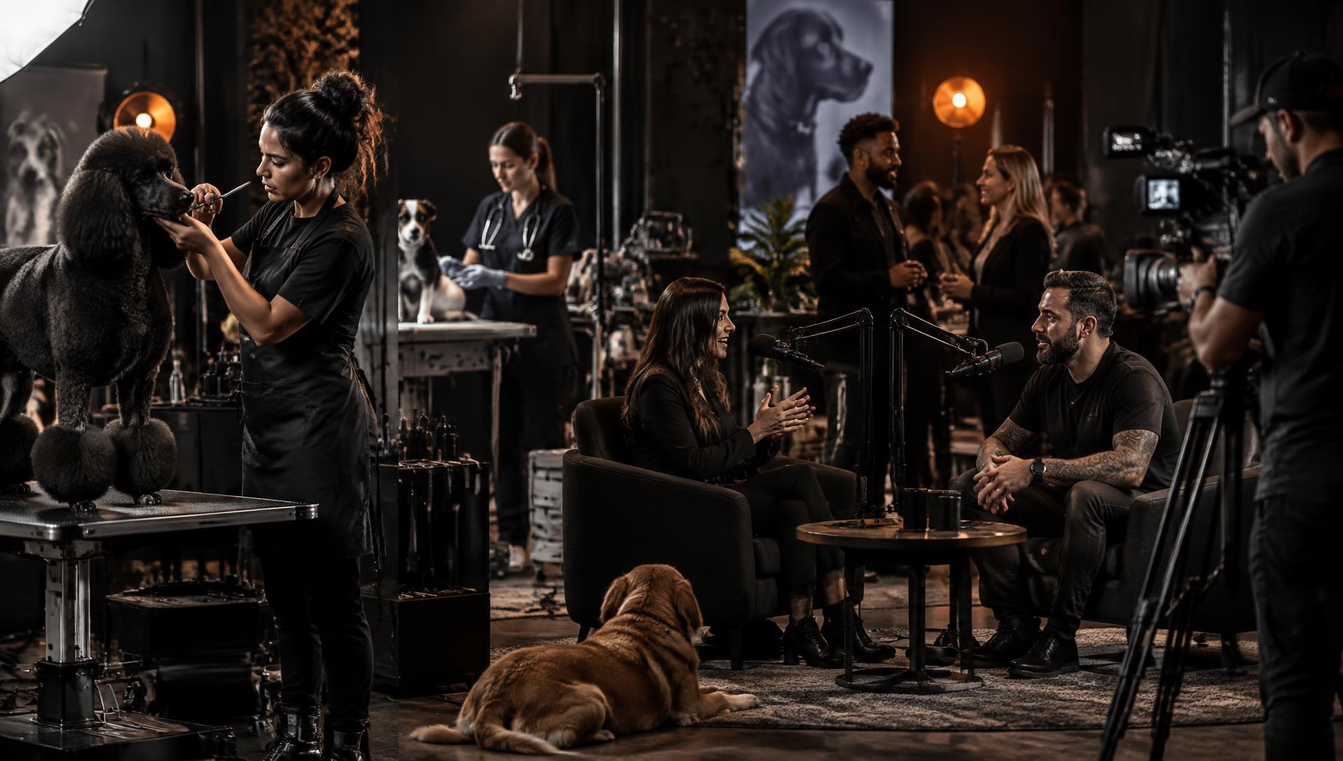 Pet professionals, podcast hosts, and a film crew working on a PETX Media production